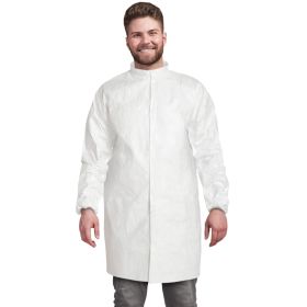 Disposable Lab Coat, Medium. Pack of 10 White Disposable Lab Coats for Adults. 60 GSM Microporous Disposable Coats Medical PPE with Elastic Wrists